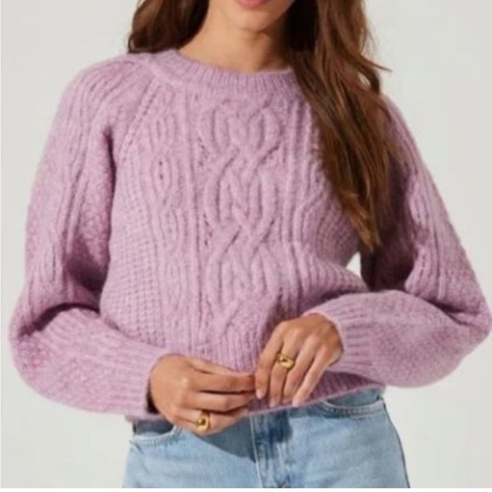 ASTR the Label Celtic Cropped Cable Knit Crewneck Sweater in Lilac Size Medium